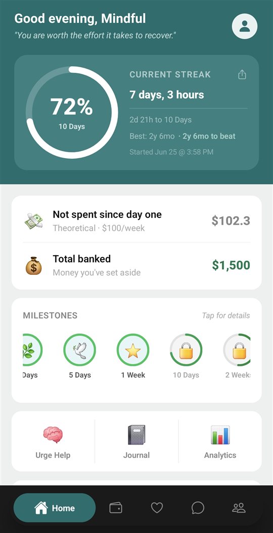 CornerDay home screen showing streak progress and milestones