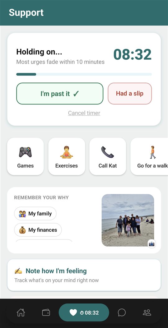 CornerDay urge support screen with breathing timer and grounding tools